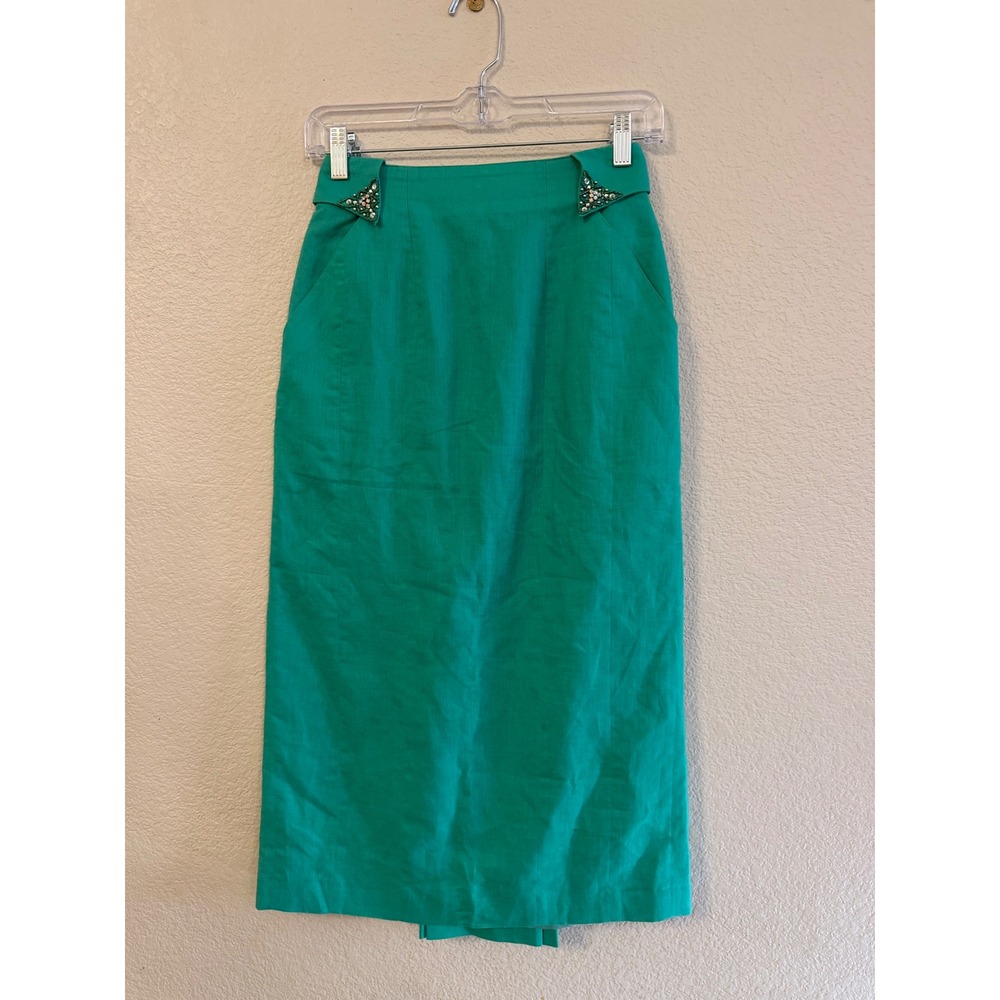 Joseph Ho Green Ramie Cotton Pencil Skirt Embellished Waist Size 6 Vintage - Picture 4 of 13